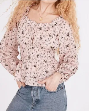 Madewell Sophia Top Bouquet Floral XS Pink Smocked Puff Sleeve Cottage Ruffle‎ thumbnail 1
