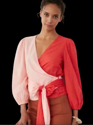 Anthropologie Farm Rio Wrap Blouse Swiss Dot, XS Pink red long sleeves thumbnail 1