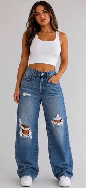RSQ Medium Blue High-Rise Wide Leg Distressed Jeans thumbnail 1