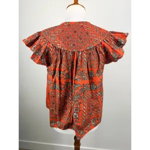 Ulla Johnson Kosta Top Printed V-Neck Blouse Ruffle Flutter Sleeve Orange XS 0 thumbnail 3