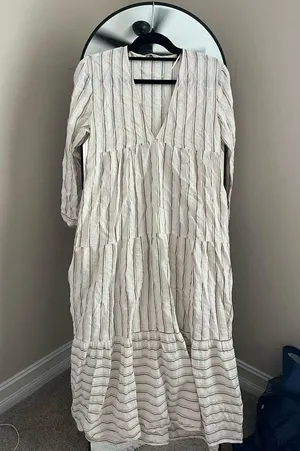 Zara White and Brown Striped Long Sleeve Dress thumbnail 1