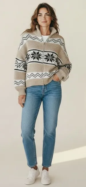 Le Lis Collection Womens Fair Isle Quarter Zip Sweater Tan‎ Brown Nordic M thumbnail 1
