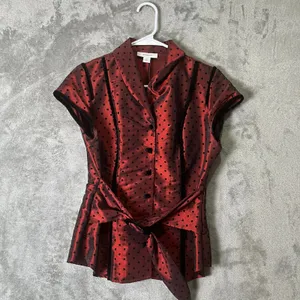 Vintage Whimsigoth Dark Romance Red‎ Satin Polka Dot Belted Blouse Structured SM thumbnail 5