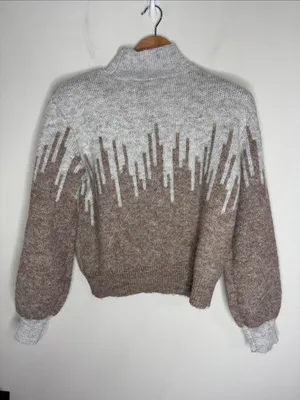 Ophelia Roe Turtleneck Two-Tone Heather Gray-Camel Geo Pattern Neutral Sweater S thumbnail 2