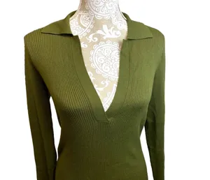 Babaton Aritzia McSweeney Ribbed Sweater Olive Green Collared V-Neck M NWOT thumbnail 5