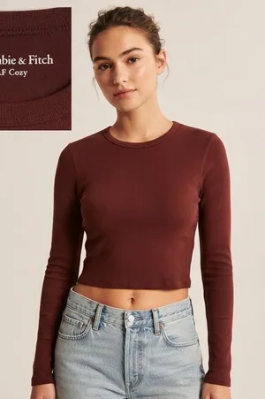 Abercrombie & Fitch Top Womens M Burgundy Soft AF Cozy Cropped Long Sleeve Tee thumbnail 1