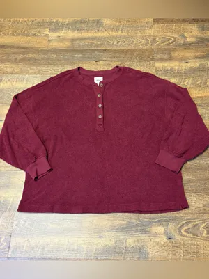Aerie Sherpa Henley Sweatshirt Womens XXL Oversized Fleece Red Deep Cherry thumbnail 2