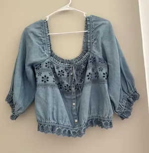 American Eagle Light Blue Embroidered Peasant Top - Women's thumbnail 1