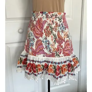 Farm Rio Womens Spring Bananas Smocked Mini Skirt Floral Pom Pom Trim Size M thumbnail 2