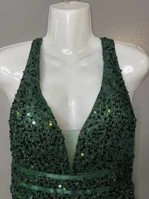 FAERIESTY Dress Womens Medium Green Sequin V-Neck Fit & Flare Maxi Formal Gown thumbnail 2