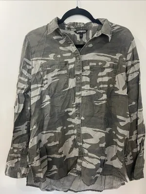 Express Gray and Olive Camo Button-Up Shirt thumbnail 1