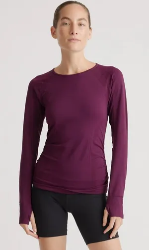 Quince Seamless Size S Ruched Long Sleeve Athletic Top in Plum thumbnail 1