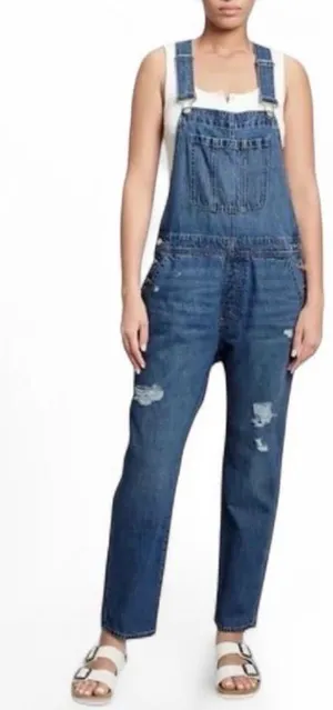 GAP Denim Slouchy Overalls Distressed Medium Wash Bib Jeans Size M Ankle Length thumbnail 1