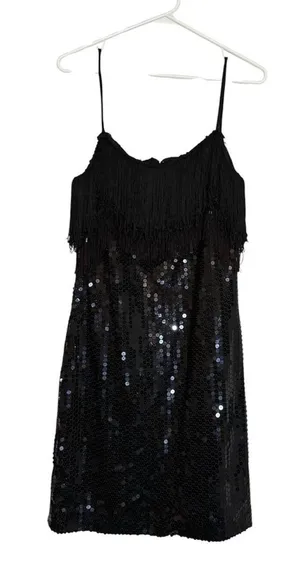 Vintage Dessy Creations Sequin Dress Fringe Flapper Black Size 8 thumbnail 1