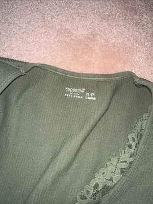 Aerie Superchill Olive Green Ribbed Lace V Neck Cropped Top thumbnail 4