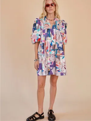 HUNTER BELL Tuckernuck Jenkins Mini Dress Patchwork Print Cotton Puff Sleeve thumbnail 2