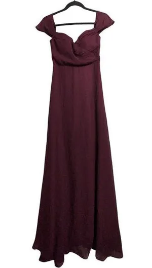 Birdy Grey Wine Off Shoulder Pleated Bodice Evening Gown Dress Wedding Size XS thumbnail 1