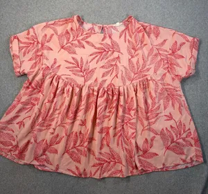 Easel Los Angeles Women's 1X Pink Red Leaf Print Babydoll Top Short Sleeve thumbnail 1