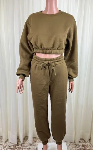 Zenana 2 Piece Crop Top Tracksuit Jogger Pants Set Outfit Workout Small Olive Green thumbnail 2