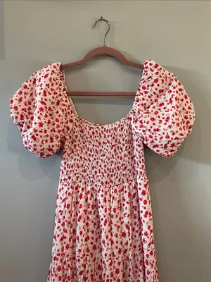 Altar'd State White Maxi Dress with Red + pink Floral Print and Puff Sleeves thumbnail 2