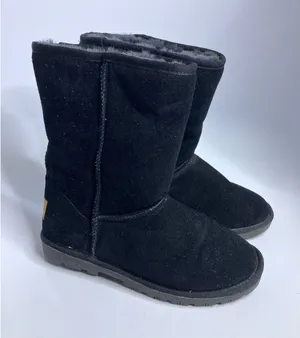 Lamo Suede Mid Calf Boots Womens 7 Black Excellent Faux Fur Lined Pull On thumbnail 1