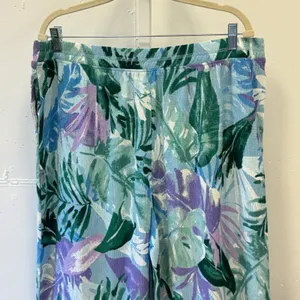 Cuddl Duds Tropical Palm Print Wide Leg Pants Blue Green Purple XL High Waist thumbnail 3