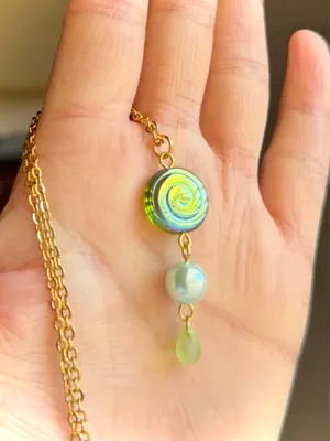 Handmade Czech glass teardrop & swirl gold tone stainless necklace🍃🌀 thumbnail 4
