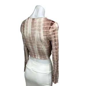 Shein Brown Tan Tie Dye Print Lettuce Trim Crew Neck Long Sleeve Crop Top Size S thumbnail 3