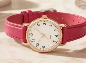 Women's Red Leather Strap Quartz Watch Pink thumbnail 1