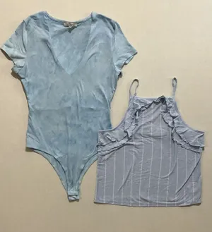 American Eagle Outfitters Light Blue V-Neck Bodysuit & Striped Ruffle Cami thumbnail 1