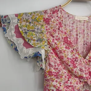 LoveShackFancy Kielle Crop Top Size Medium Pink Floral Twist Front Ruffle Sleeve thumbnail 6