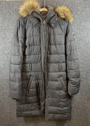 Abercrombie & Fitch Womens Sz L Black Faux Fur Hooded Puffer long Coat‎ thumbnail 1