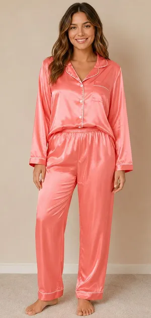 Coral Satin Button Front Pajama Set Pink Size L thumbnail 1