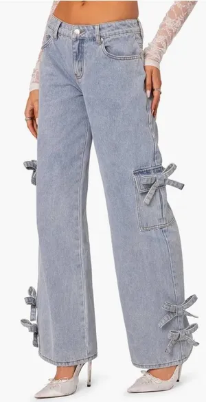 EDIKTED Low Rise Wide Leg Jeans Size Large‎ Bows 4 Days NEW thumbnail 1