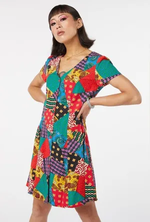 Dangerfield x ModCloth patchwork multi button front viscose dress, size 14 XL thumbnail 5