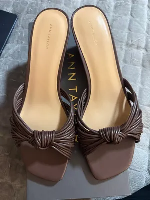 Ann Taylor Brown Knotted Leather Low Wedge Slide Sandals Shoes Mules NIB Size 9 thumbnail 1