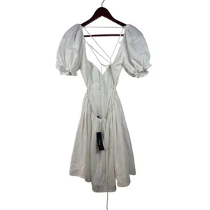 Lulus Mini Dress Womens M White Cotton‎ Linen Puff Sleeve Lace Up Back MD2965LU thumbnail 4