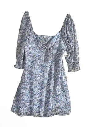 Lush Clothing NEW Mini Dress Womens Sz XL Blue Floral Tie Front Smocked Long Sleeve thumbnail 1