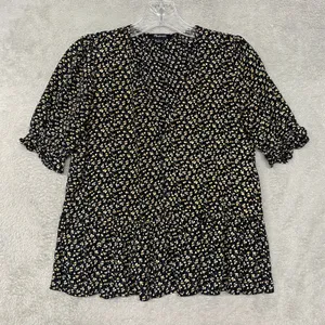 Madewell Top Womens Small Black Floral Print Tiered Ruffle Sleeve Cottage Button thumbnail 1