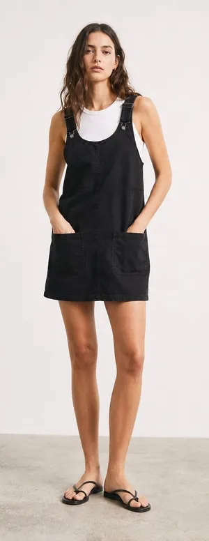 Monki Black Cotton NWOT Overall Mini Dress Pinafore Adjustable Strap Size M thumbnail 1