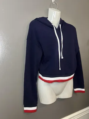 Bozzolo Hoodie Womens Large Navy Cropped Pullover Sweatshirt Red White Trim thumbnail 2