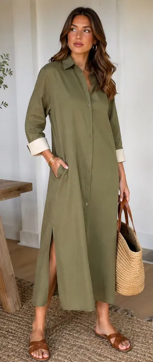 Tuckernuck Army Green Shiver Side‎ Slits Cotton Button Down Preppy MIDI Dress thumbnail 1