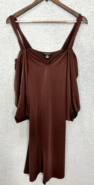 Vintage Guess Jeans Dress Women's M Brown Cold Shoulder Tie‎ Back Y2K Boho Retro thumbnail 1