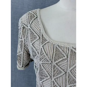 Vintage Stenay Beaded Silk Gown Ivory Geometric Seed Pearl Bodice Formal‎ Maxi 8 thumbnail 3