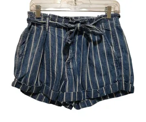 American Eagle Blue Striped Denim Belted Pleated Cotton Paperbag Shorts Size 4 thumbnail 1
