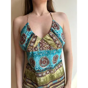 Printed Vintage Graphic Blue and Green Halter Top‎ thumbnail 3