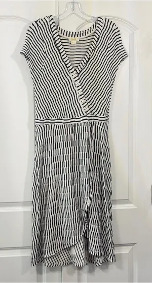 Anthropologie Black & White Striped Faux Wrap Midi Dress thumbnail 1