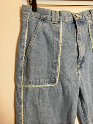 Zara‎ High Rise Tweed Trim Jewel Button Crop Wide Leg Light Wash Jeans thumbnail 5