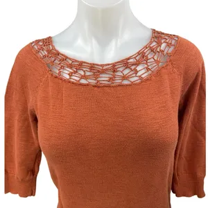 Rubbish Orange Knit Crochet Lace Half Sleeve Crew Neck Blouse Sweater Top Size M thumbnail 3