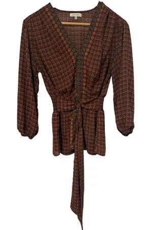 Max Studio Womens Brown Geometric Print V-Neck‎ Tie Front Smocked Blouse Medium thumbnail 1
